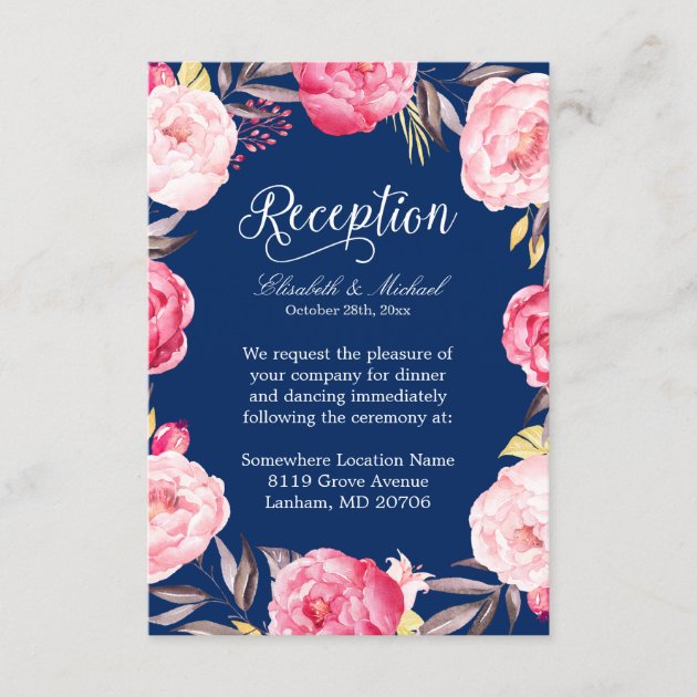 Wedding Reception Pink Floral Wreath Navy Blue Enclosure Card