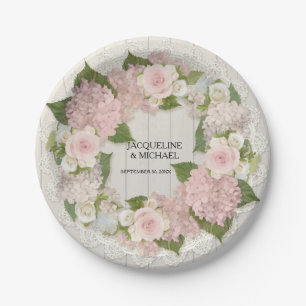 Wedding Reception Pink Hydrangea Roses Lace n Wood Paper Plates