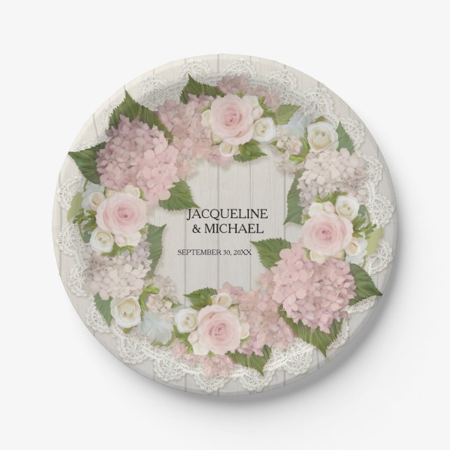 Wedding Reception Pink Hydrangea Roses Lace n Wood Paper Plates (Front)