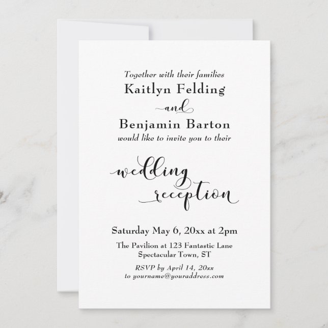 Wedding Reception Pretty Script Black White Simple Invitation (Front)