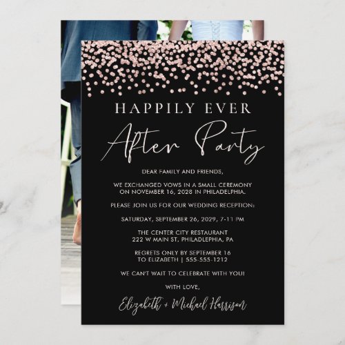 Wedding Reception Rose Gold Glitter Photo Black Announcement