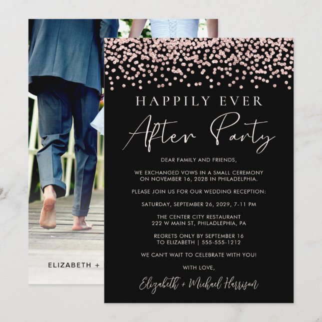 Wedding Reception Rose Gold Glitter Photo Black Announcement (Front/Back)