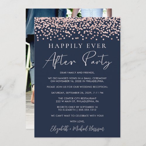 Wedding Reception Rose Gold Glitter Photo Blue Announcement