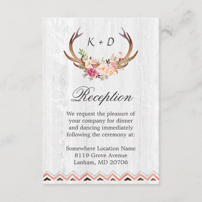 Wedding Reception Rustic Antler Wood Boho Decor Enclosure Card (Front)