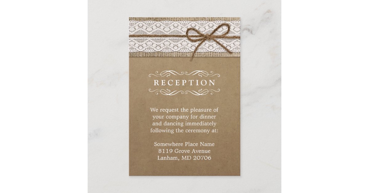 Wedding Reception Rustic Burlap Lace String Bow Enclosure Card | Zazzle