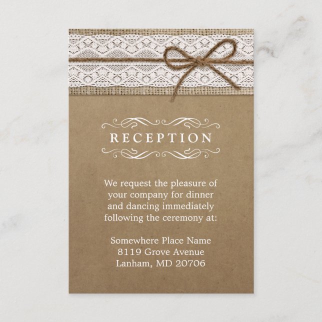 Wedding Reception Rustic Burlap Lace String Bow Enclosure Card (Front)