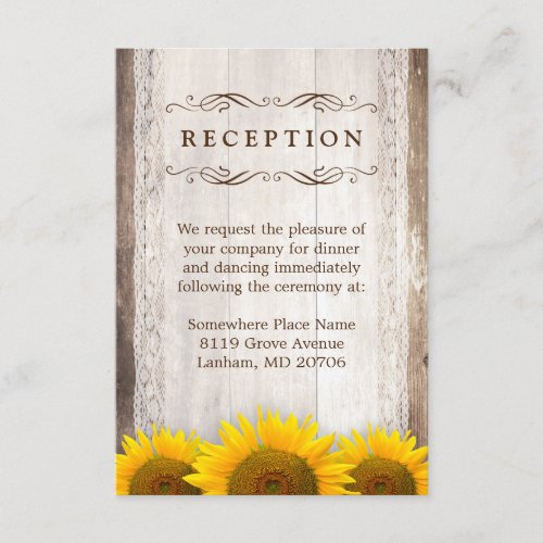 Wedding Reception Rustic Lace Barn Wood Sunflowers Enclosure Card