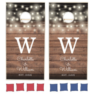 Wedding Reception Rustic String Lights Monogram Cornhole Set