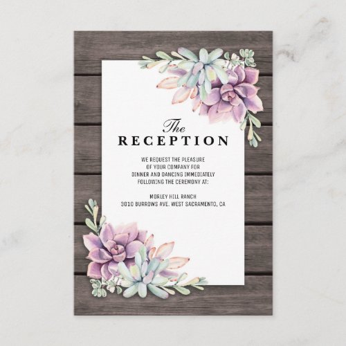 Wedding Reception Rustic Succulent Floral Enclosure Card - Country chic evening wedding reception invitations featuring a rustic wood barn background, a succulent corner display and a wedding text template.
Click on the “Customize it” button for further personalization of this template. You will be able to modify all text, including the style, colors, and sizes.
You will find matching items further down the page, if however you can't find what you looking for please contact me.