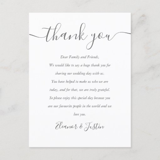 Wedding Reception Script Thank You Place Card | Zazzle