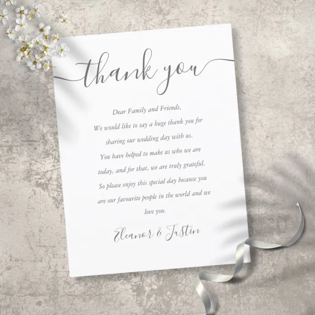 Wedding Reception Script Thank You Place Card | Zazzle