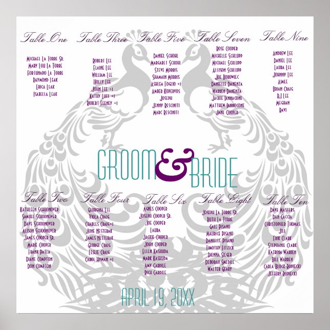 Wedding Reception Seating Chart - Peacock Themed (Front)