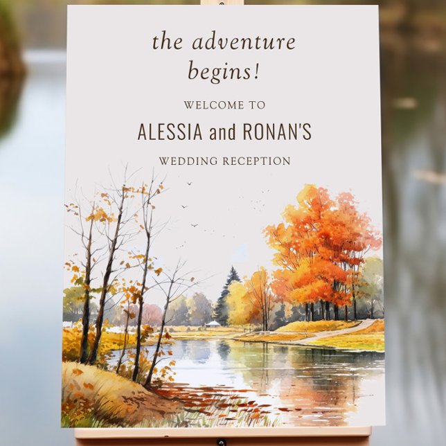Wedding Reception Sign Fall Lake Watercolor Easel (Wedding reception sign from the Fall Lake wedding collection by Darling & May)
