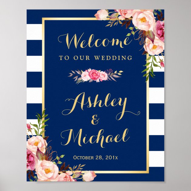 Wedding Reception Sign Floral Navy Blue Stripes Poster