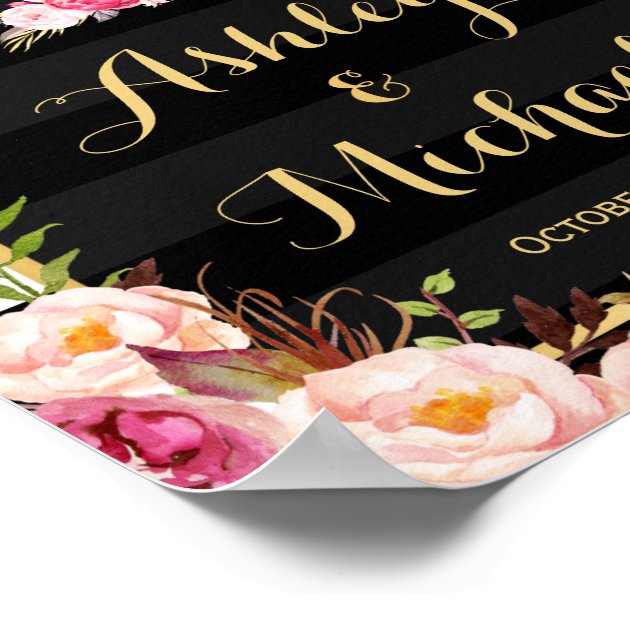 Wedding Reception Sign Gold Vintage Floral Stripes Poster