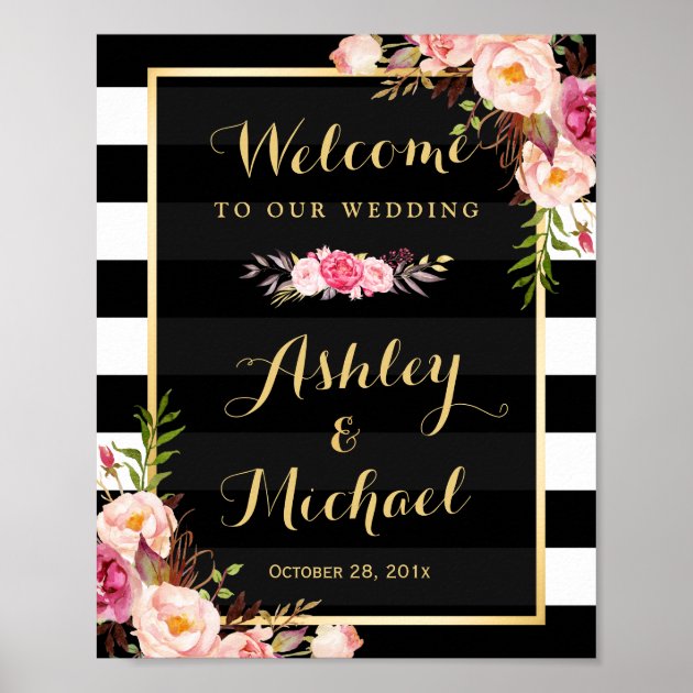 Wedding Reception Sign Gold Vintage Floral Stripes Poster