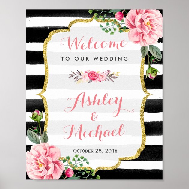 Wedding Reception Sign Stripes Floral Gold Glitter