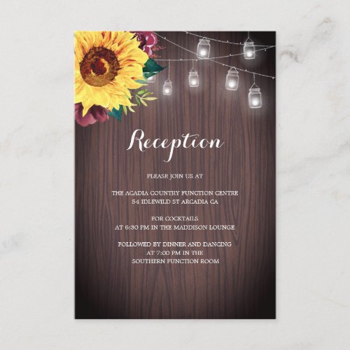 Wedding Reception Sunflower Burgundy Jar Lights Enclosure Card