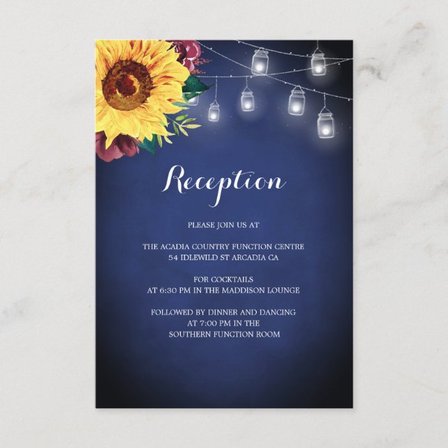 Wedding Reception Sunflower Navy Floral Jar Lights Enclosure Card (Front)