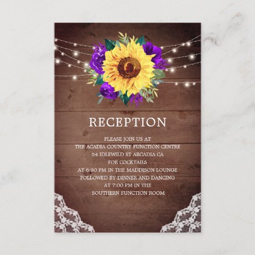 Wedding Reception Sunflower Purple Rose Lace Enclosure Card