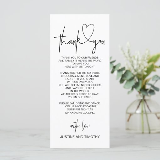 Wedding Reception Table Thank You Place Setting Menu 