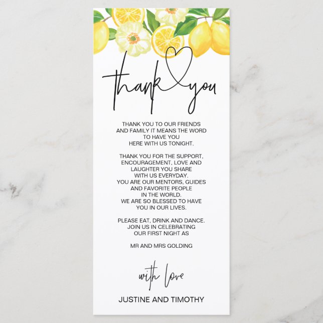 Wedding Reception Table Thank You Place Setting Menu (Front)