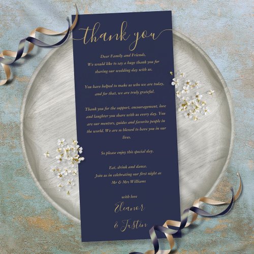 Wedding Reception Thank You Blue Gold Place Card