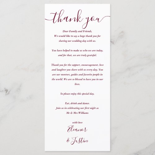 Wedding Reception Thank You Burgundy Place Card