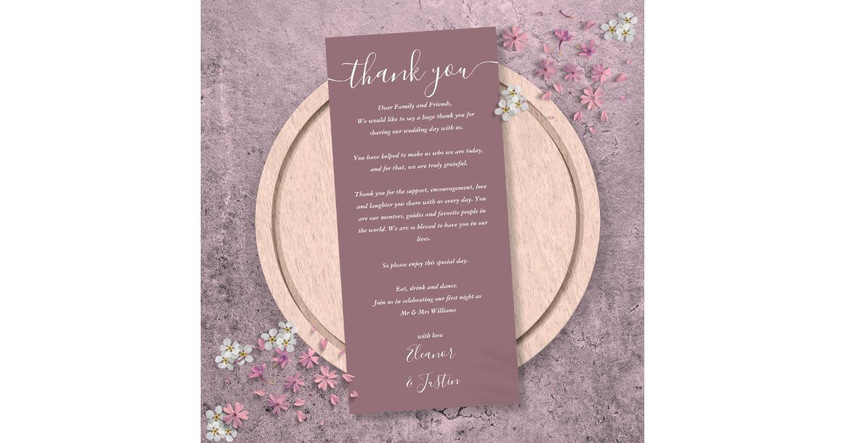 Wedding Reception Thank You Mauve Place Card | Zazzle