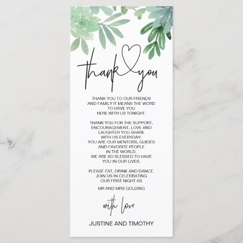 Wedding Reception Thank You Place Setting Greenery Menu