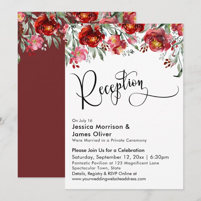 Wedding Reception Typography Burgundy Red Flowers Invitation (Front/Back)