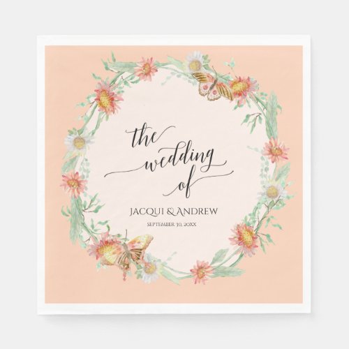 Wedding Reception Watercolor Coral Floral Wreath Napkins