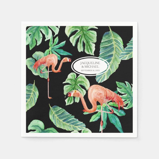 Wedding Reception Watercolor Pink Flamingo Leaf Paper Napkins (Front)