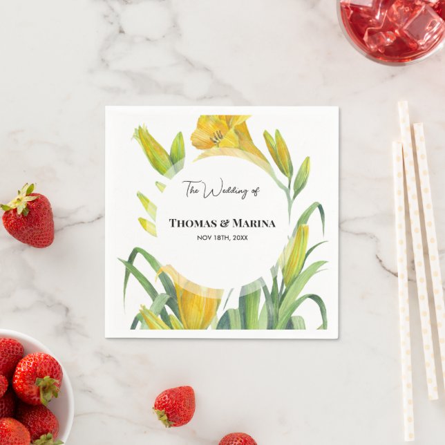Wedding Reception Watercolor Yellow Day Lilies Napkins (Insitu)