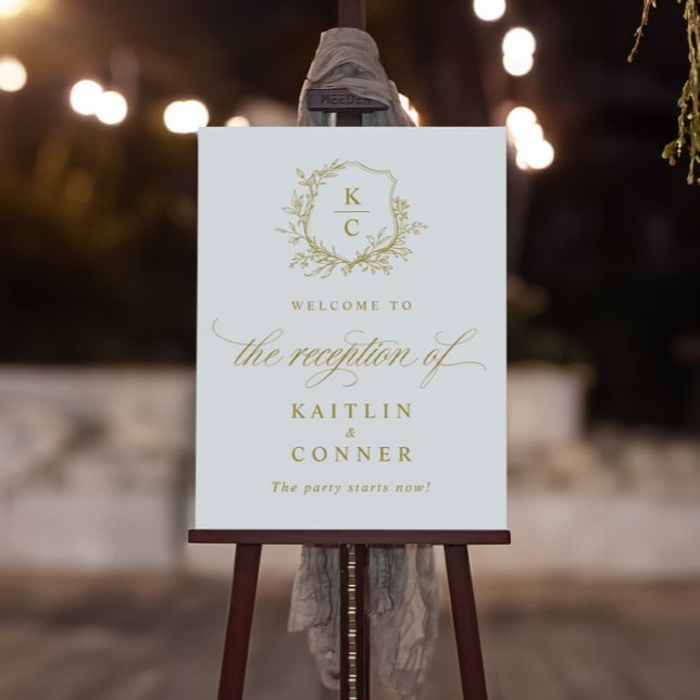 Wedding Reception Welcome Sign Vintage Gold Crest (Elegant gold wedding reception welcome sign with vintage crest and calligraphy script)