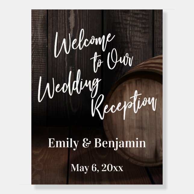 Wedding Reception Welcome Typography Wooden Barrel Foam Board (Front)