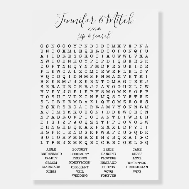 Wedding Reception Word Search Game, Custom Game Foam Board (Front)
