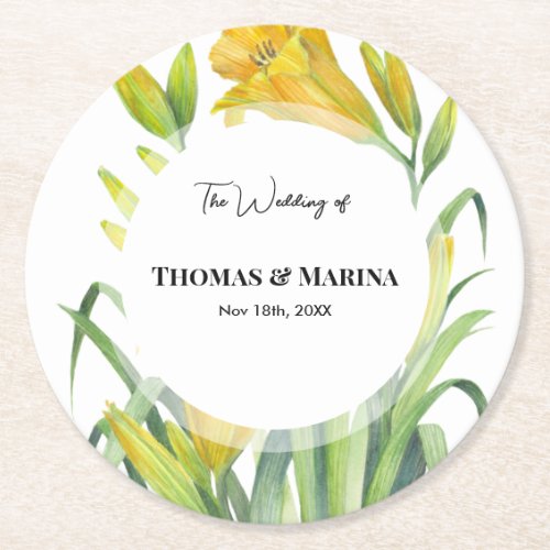 Wedding Reception Yellow Day Lilies Round Paper Coaster