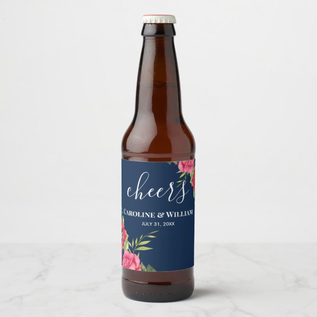 Wedding Red and Pink Flowers Dark Navy Blue Beer Bottle Label (Front)