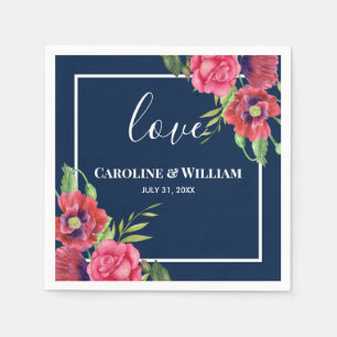 Wedding Red and Pink Flowers Dark Navy Blue Napkins