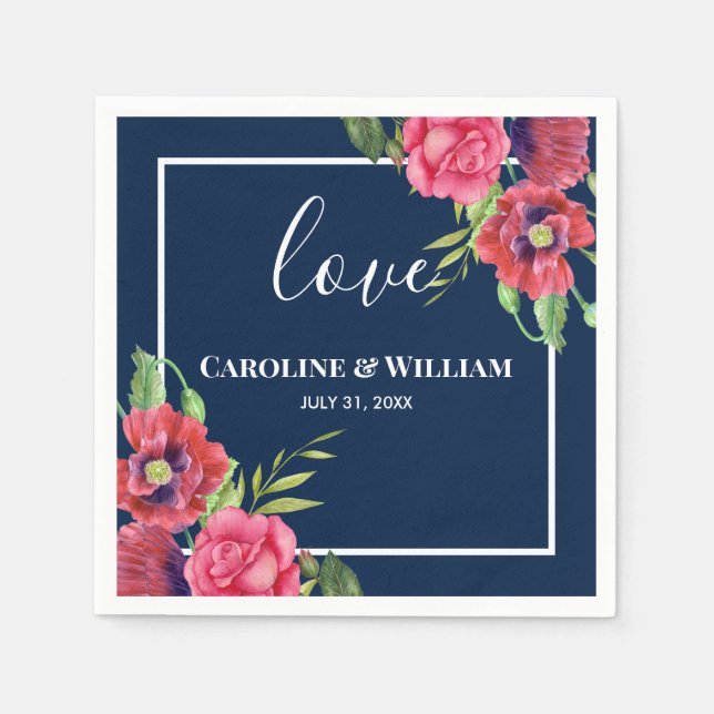 Wedding Red and Pink Flowers Dark Navy Blue Napkins (Front)