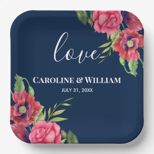 Wedding Red and Pink Flowers Dark Navy Blue Paper Plates