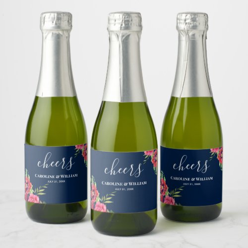 Wedding Red and Pink Flowers Dark Navy Blue Sparkling Wine Label