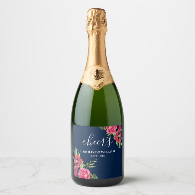 Wedding Red and Pink Flowers Dark Navy Blue Sparkling Wine Label (Front)