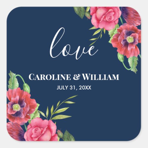 Wedding Red and Pink Flowers Dark Navy Blue Square Sticker