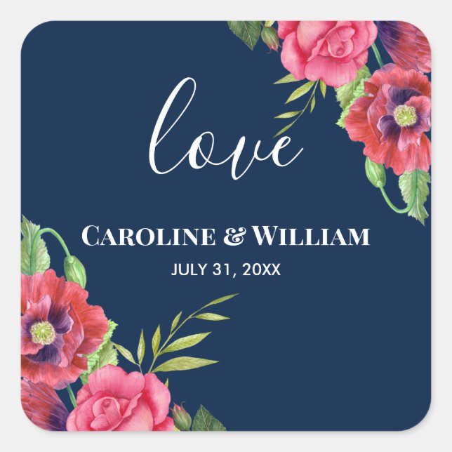 Wedding Red and Pink Flowers Dark Navy Blue Square Sticker (Front)