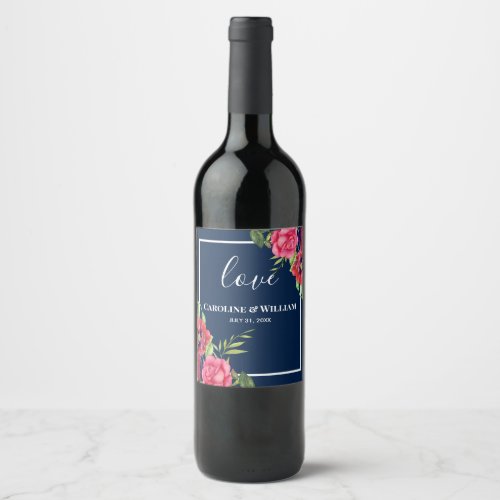 Wedding Red and Pink Flowers Dark Navy Blue Wine Label