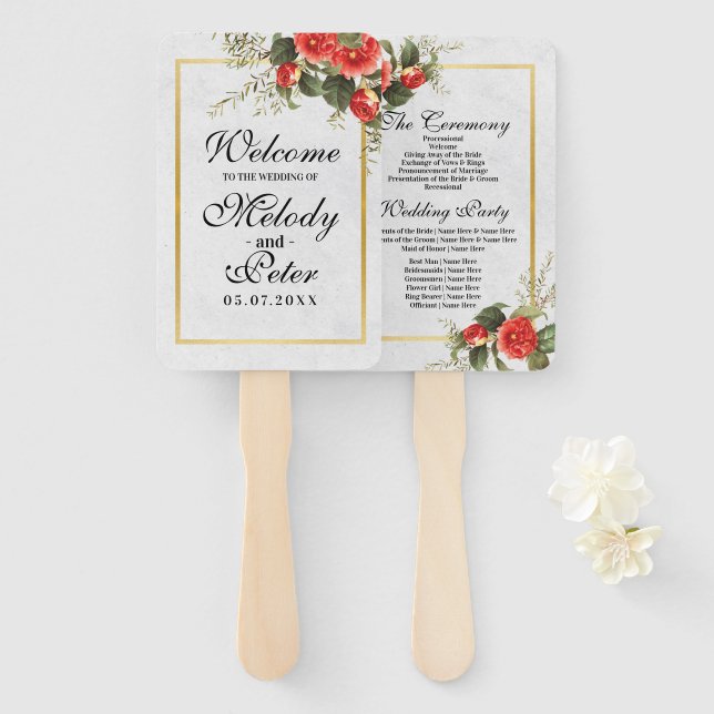 Wedding Red Floral Gold Christmas Hand Fan Elegant (Front and Back)