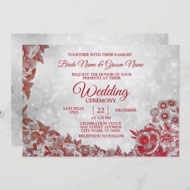 Wedding Red Floral Pattern Silver Sparkle Invitation (Front/Back)