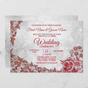 Wedding Red Floral Pattern Silver Sparkle Invitation